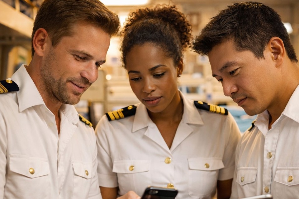 Crew looking at mobile devices onboard