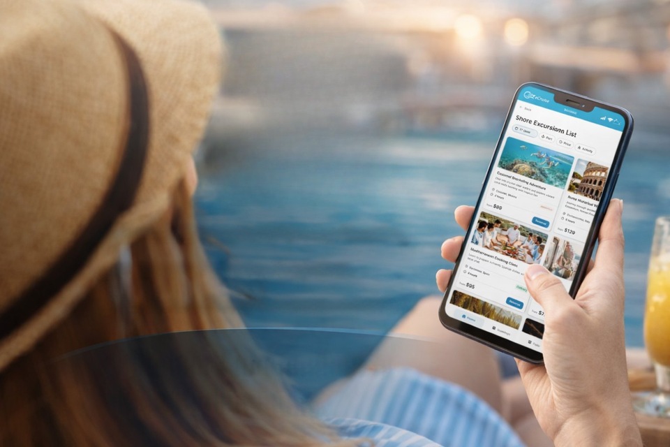Guest browsing shore excursions by pool