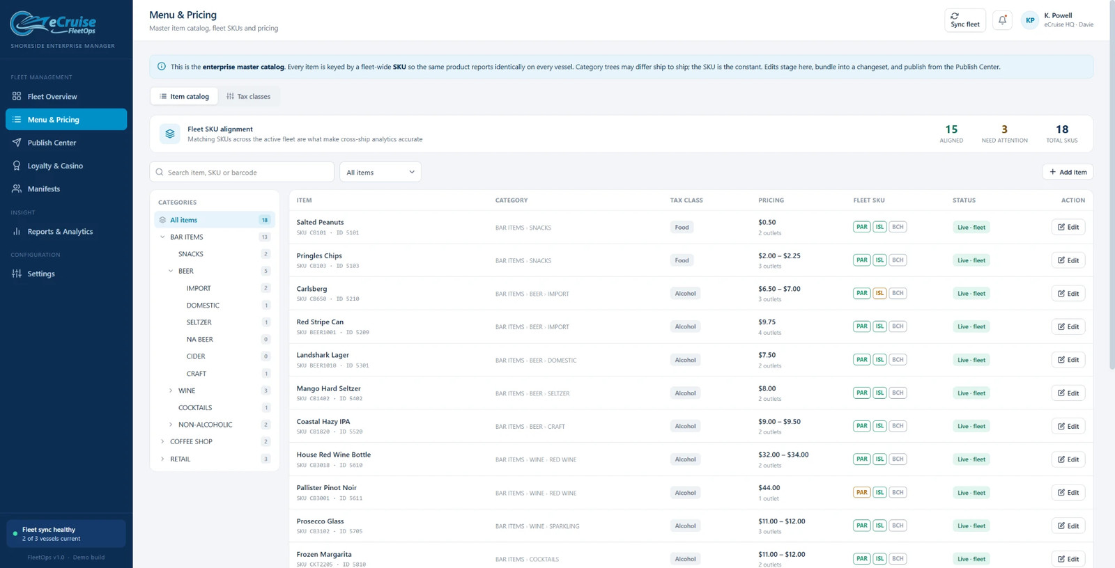 FleetOps Menu and Pricing screen managing the enterprise master catalog of POS items and fleet SKUs