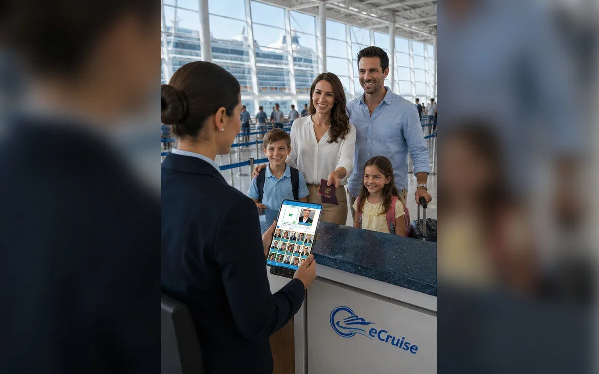 Classic Embarkation: agent checking in a family at the cruise terminal with eCruise Mobile Suite