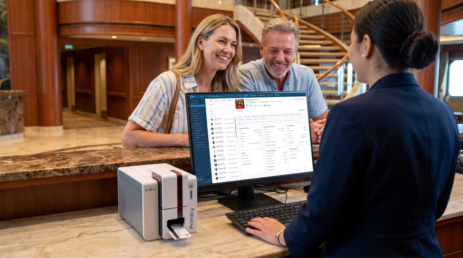 Front desk manager assisting guests with the eCruise PMS guest profile on screen and a board card printer on the desk