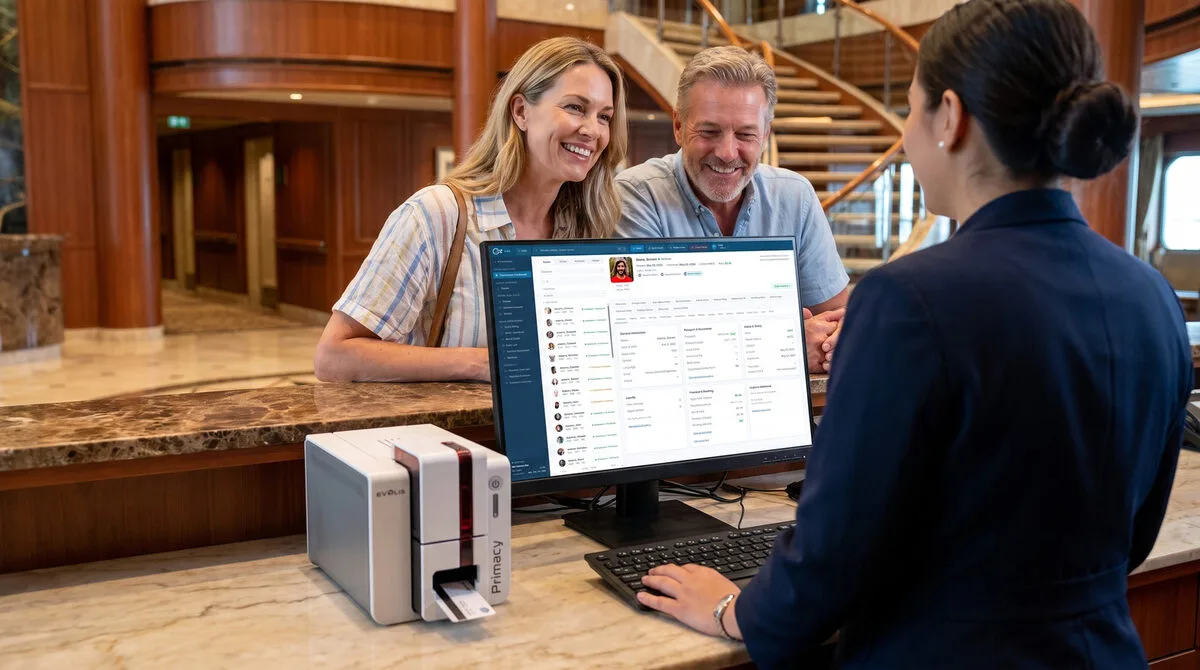 Front desk manager assisting guests with the eCruise PMS guest profile on screen and a board card printer on the desk