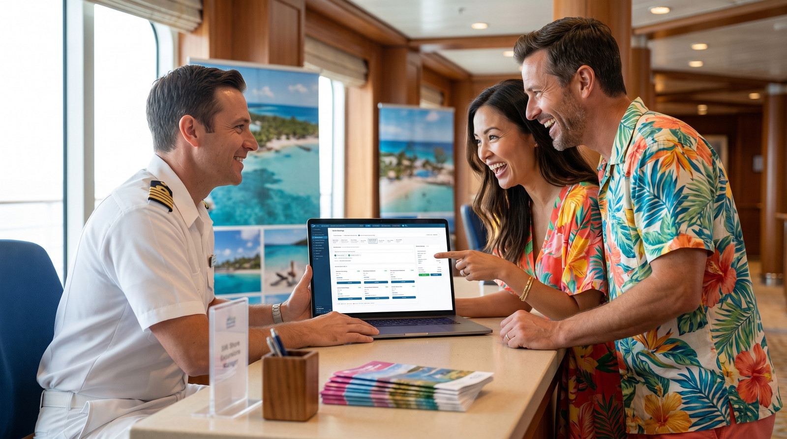 Shore excursions manager booking a tour for excited guests with the eCruise PMS Shorex module on a laptop